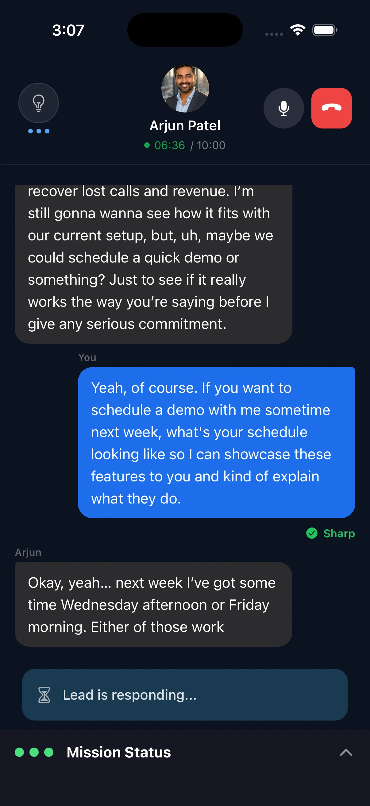 CloserWolf live call screen with real-time transcript and scoring